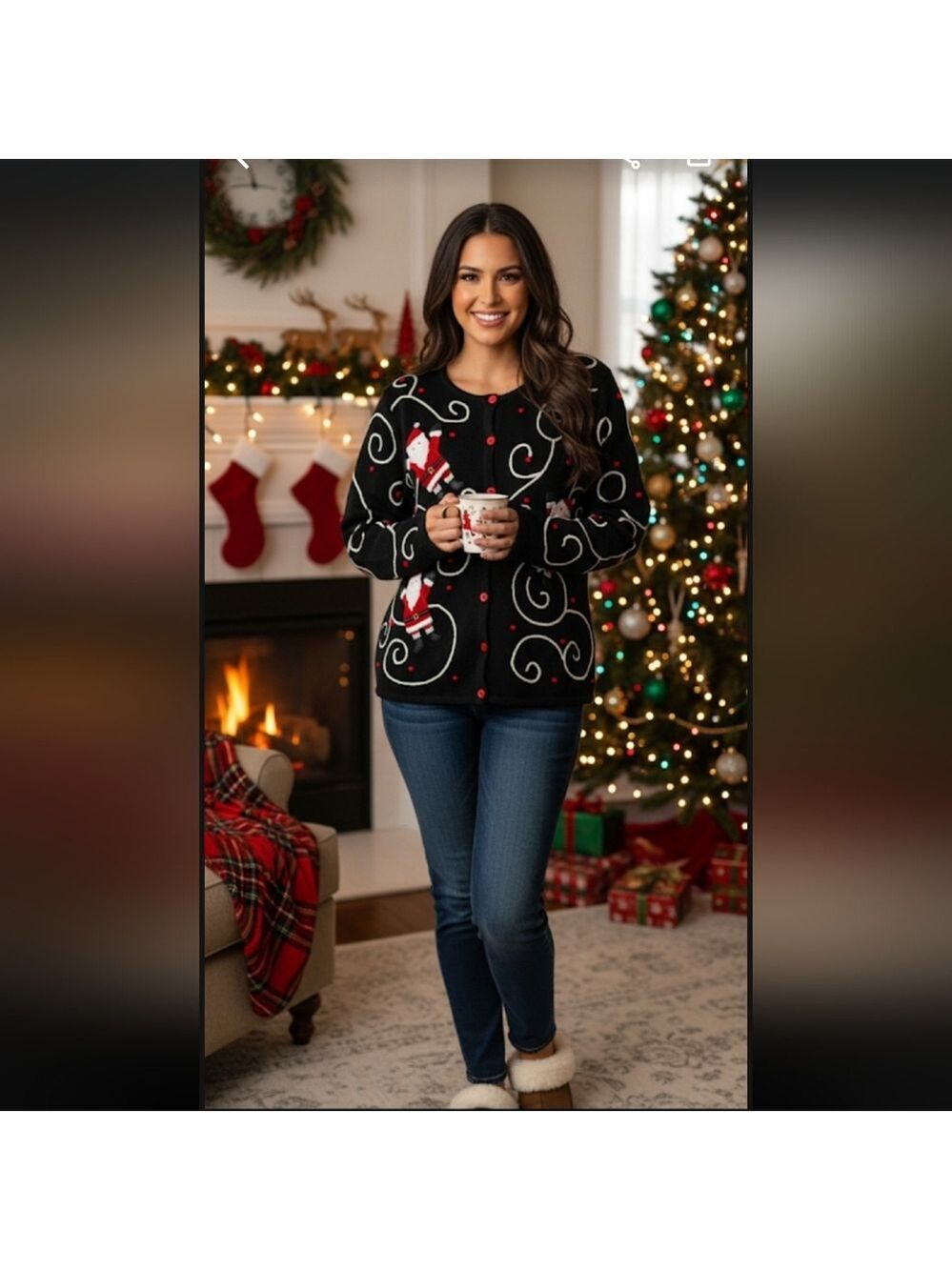 Cinnamon & Cinder Black Cardigan with Santas & Swirls Medium Christmas Sweater